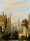 Dutch Canvas Paintings - Boats on a Canal in a Dutch Town